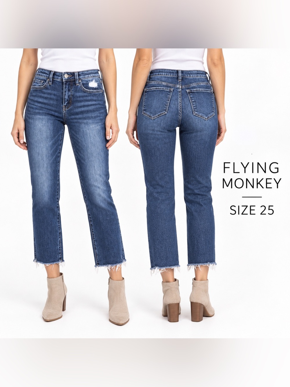 Flying Monkey Jeans Size 25 Mid Rise Cropped Straight Raw Hem Dark Wash